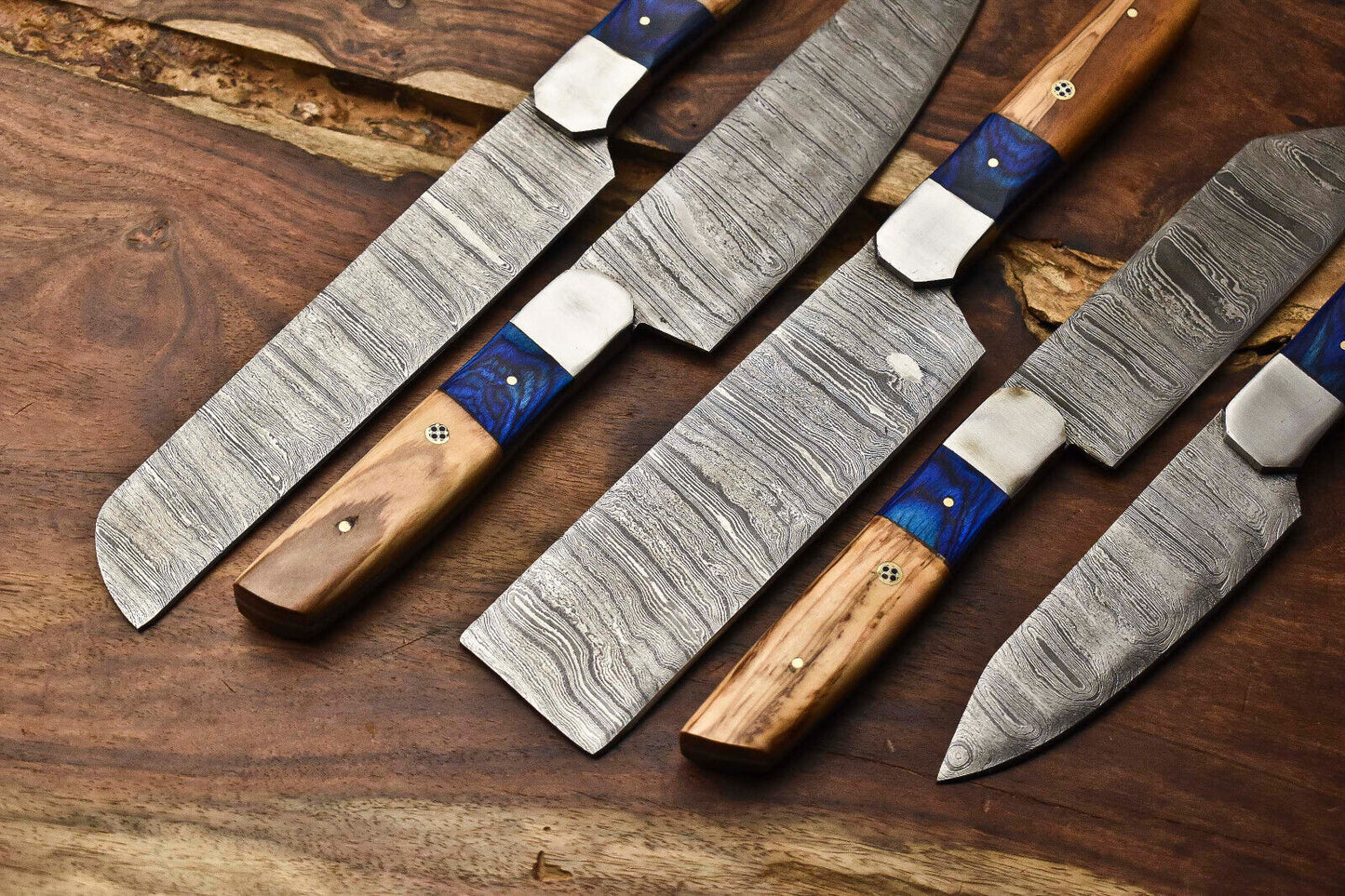 Lot of 5 Handmade Damascus Steel Chef Knives – Professional Kitchen Knife Set