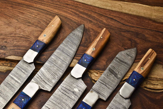Lot of 5 Handmade Damascus Steel Chef Knives – Professional Kitchen Knife Set