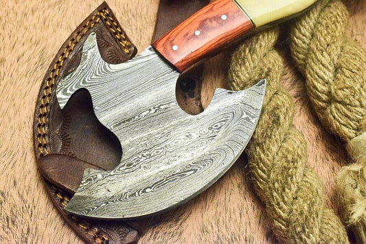 Handmade Damascus Hunting Cleaver Chopper Axe Knife with Camel Bone and Hardwood Handle