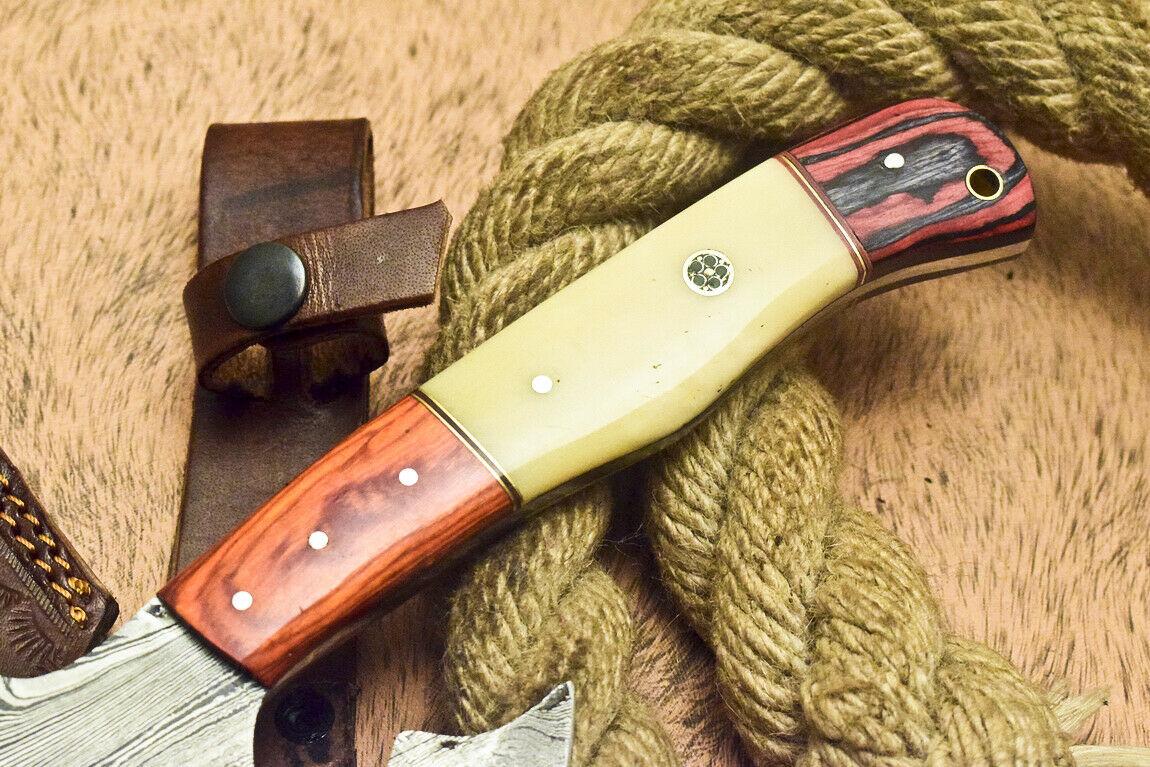 Handmade Damascus Hunting Cleaver Chopper Axe Knife with Camel Bone and Hardwood Handle