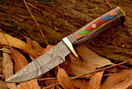 8" Damascus Steel Bowie Knife with Wood & Brass Guard
