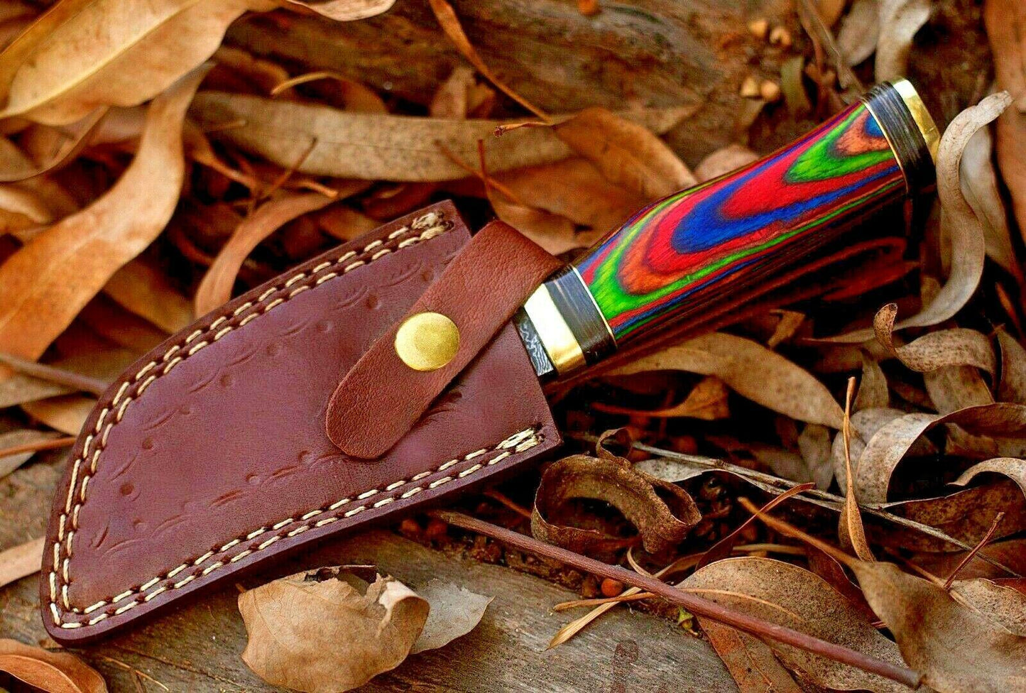 8" Damascus Steel Bowie Knife with Wood & Brass Guard