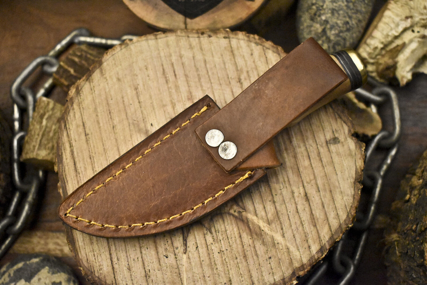 Forged 6 Inch Skinner Knife Twist Damascus Bone Handle Brass Guard Razor Sharp w/ Leather Sheath