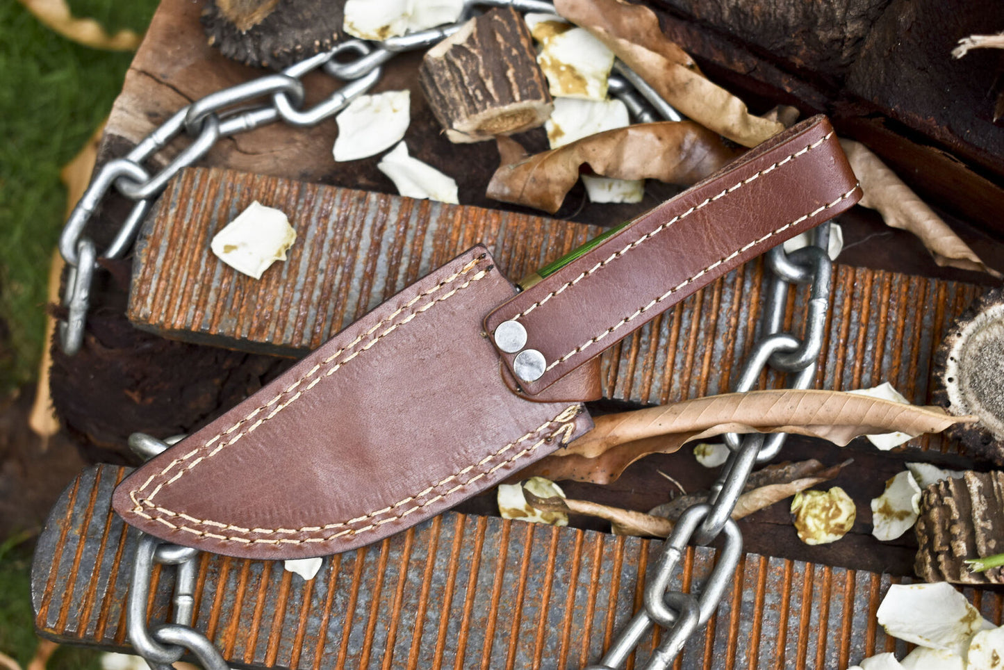 Custom Fire Pattern Damascus Skinner Knife with Hardwood Handle and Brass Guard