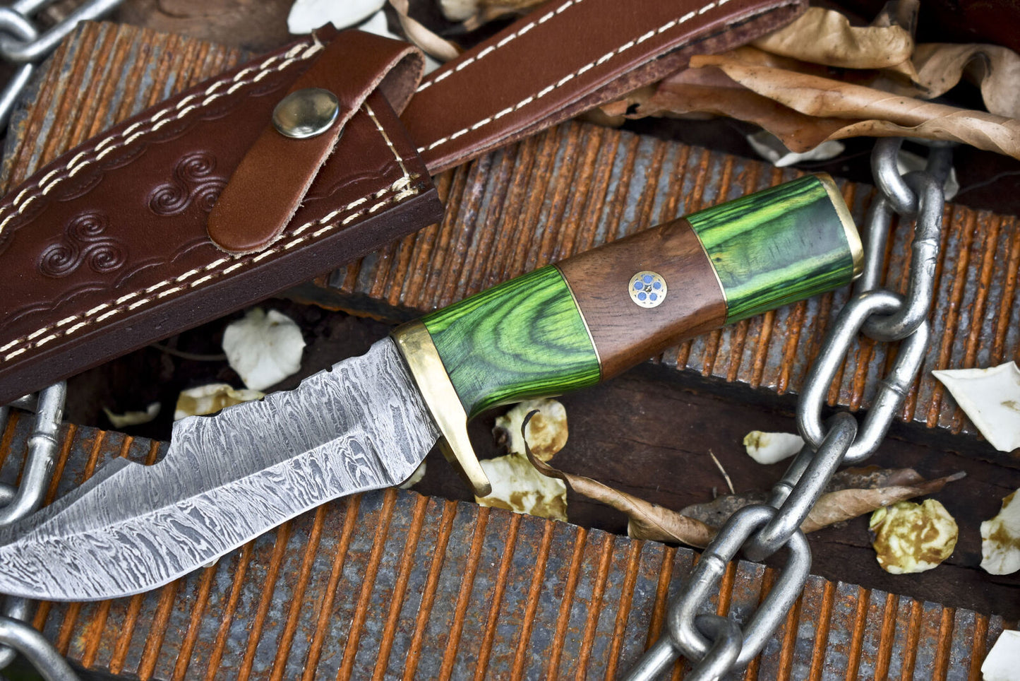 Custom Fire Pattern Damascus Skinner Knife with Hardwood Handle and Brass Guard