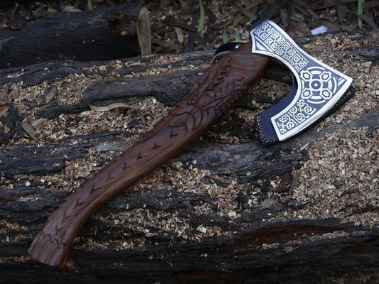 Handmade 22 Inch Viking Tomahawk Axe with Dragon Engraved Hardwood Handle and Leather Sheath