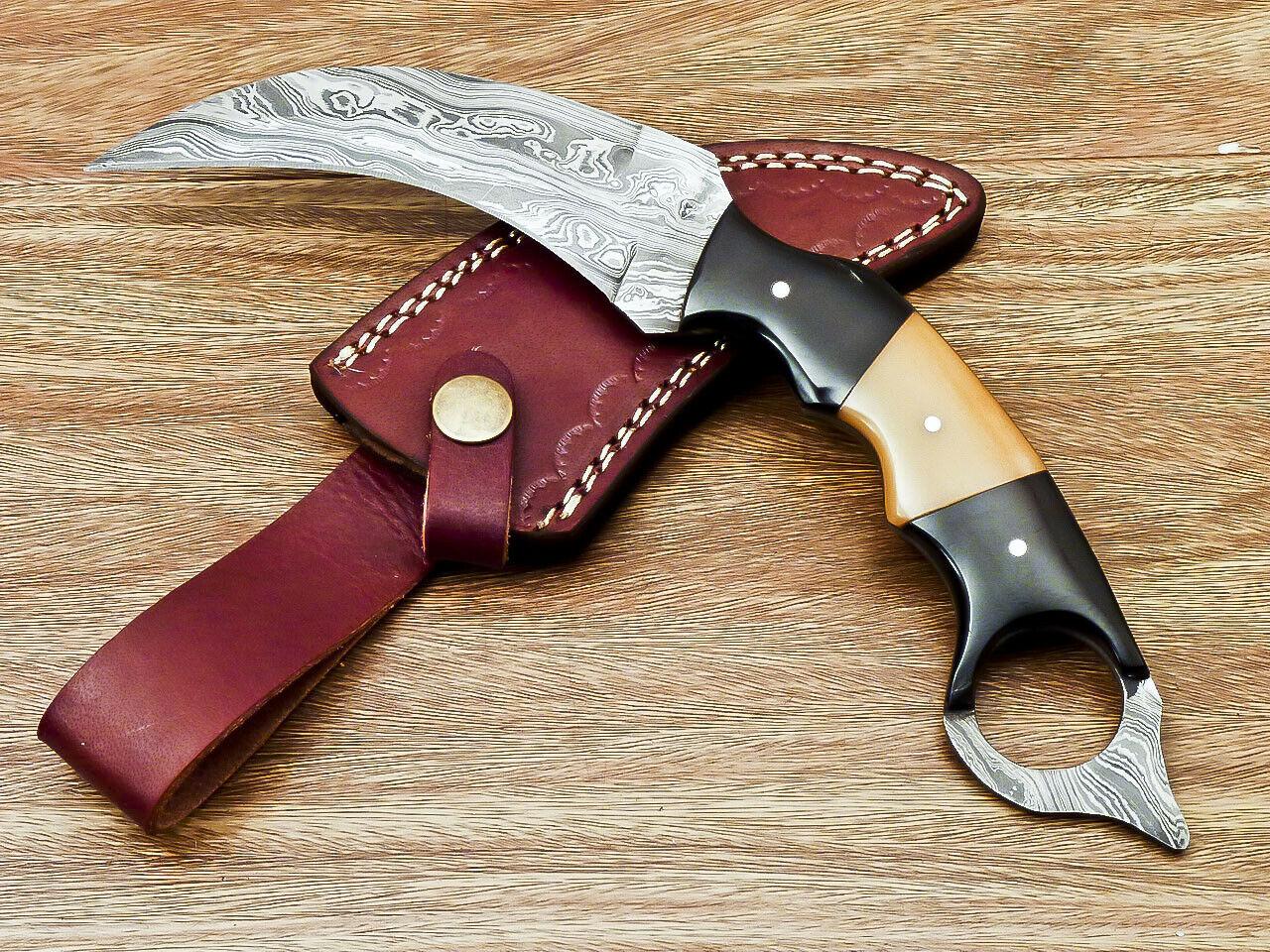 Custom Hand Forged Damascus Karambit Best Karambit Knife With Bull Horn and Camel Bone Handle