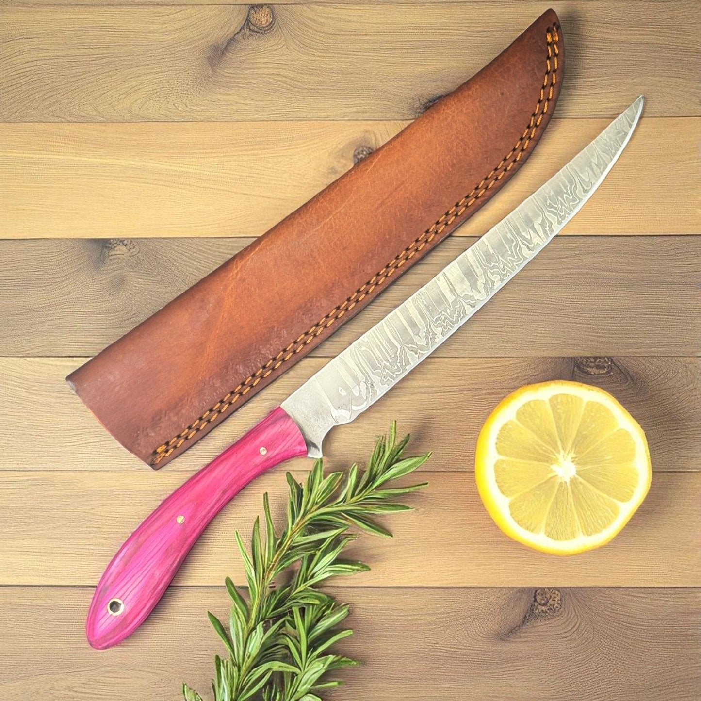 12" Custom Fillet Knife Handmade Damascus Fillet Knife With Sheath