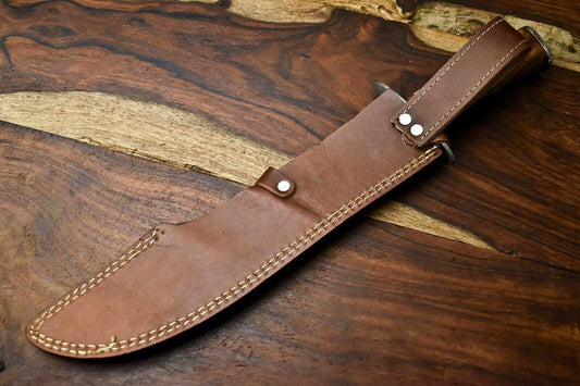 17" Handmade Damascus Steel Hunting Bowie Knife – Camel Bone Handle with Leather Sheath