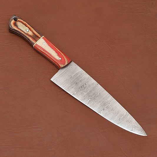 Handmade Damascus Steel Fillet Chef Knife with Wood Handle & Leather Sheath