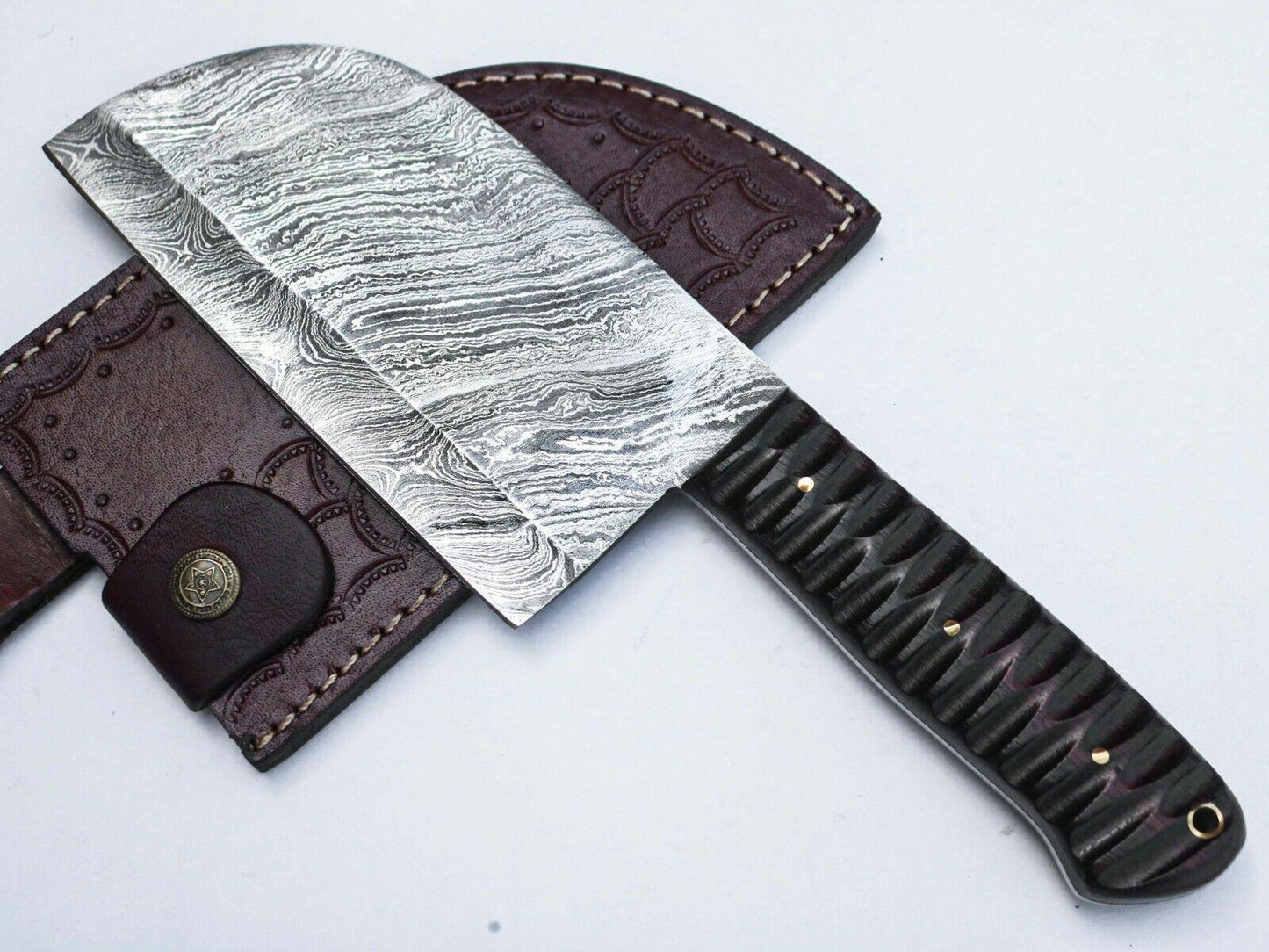 11" Handmade Damascus Steel Serbian Chef Cleaver Chopper Knife with Leather Sheath
