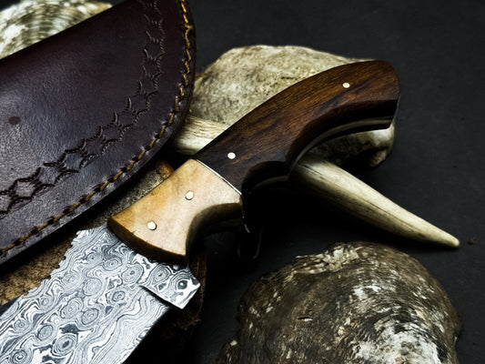 Handmade Damascus Steel Hunting Survival Tracker Knife with Wood Handle and Leather Sheath