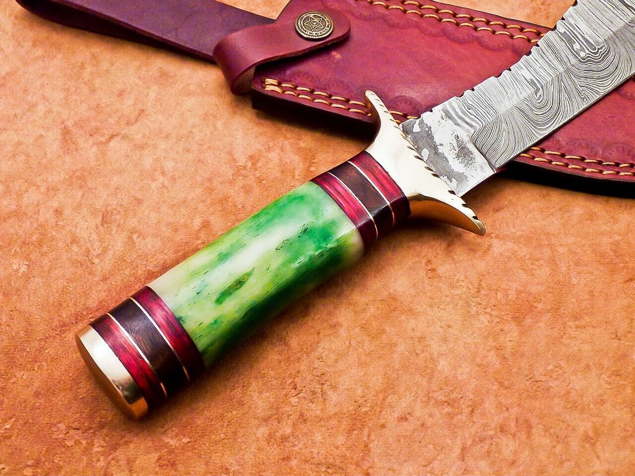 12" Damascus Bowie Knife with Stained Camel Bone Handle & Brass Bolster