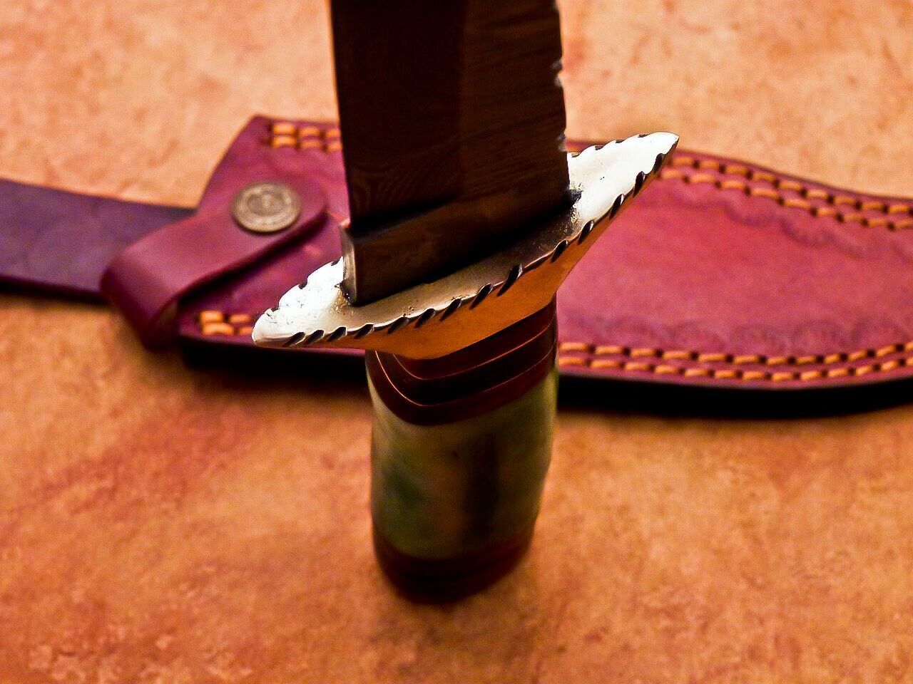 12" Damascus Bowie Knife with Stained Camel Bone Handle & Brass Bolster