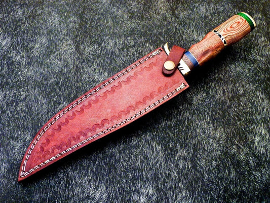 Damascus Steel Bowie Knife – 14.5 Inch Handmade Hunting Blade with Hardwood Handle