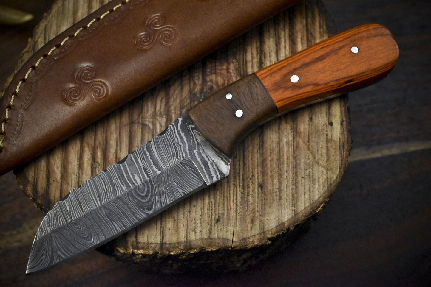 Twist Damascus Skinner Knife with Hard Wood Handle and Wooden Bolster Tactical Tool