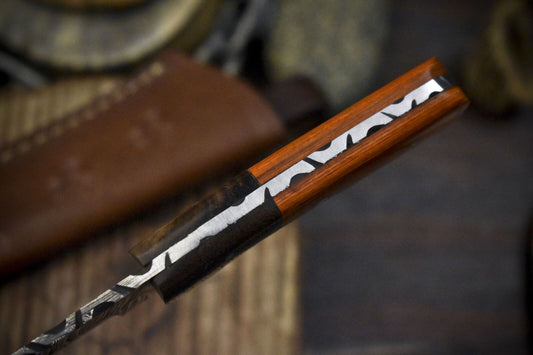 Twist Damascus Skinner Knife with Hard Wood Handle and Wooden Bolster Tactical Tool