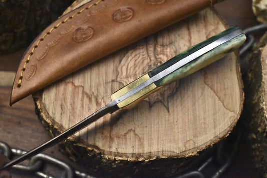 Rain Drop Damascus Skinner Knife with Bone Handle and Brass Guard