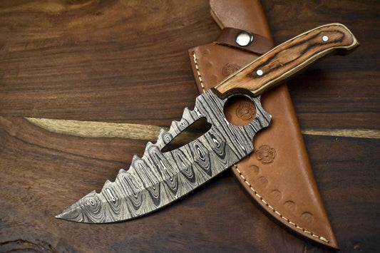 Custom Handmade 11.5 Inch Damascus Skinner Hunting Knife with Twist Pattern Blade and Olive Wood Handle