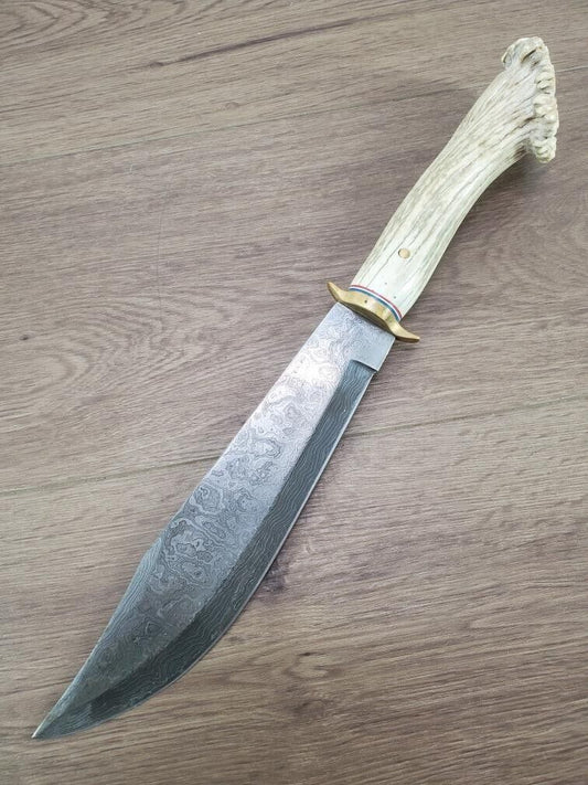 Heritage Forge Handmade Damascus Bowie Knife Stag Handle Hunting Knife 9.5 Inch Blade