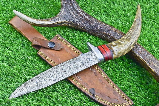 12 Inch Damascus Steel Bowie Knife with Ram Horn and Wood Handle