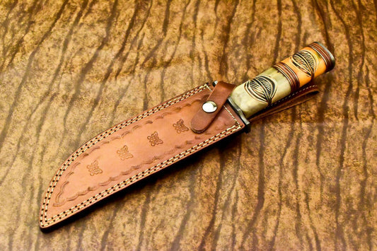 12" Damascus Bowie Knife with Camel Bone Handle & Leather Sheath