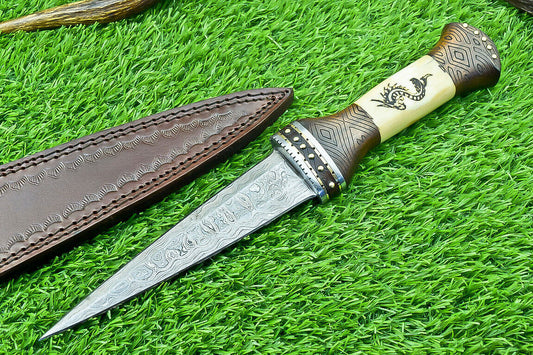 12" Handmade Damascus Steel Bowie Knife – Engraved Camel Bone & Wood Handle