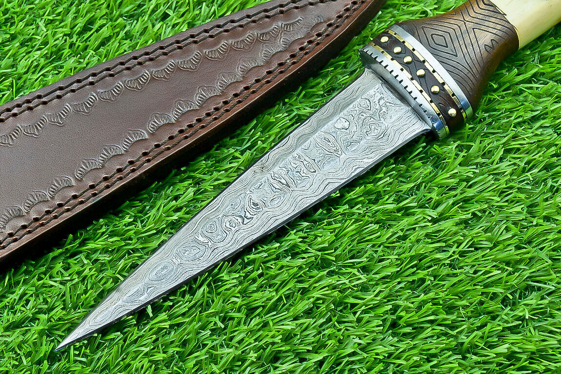 12" Handmade Damascus Steel Bowie Knife – Engraved Camel Bone & Wood Handle