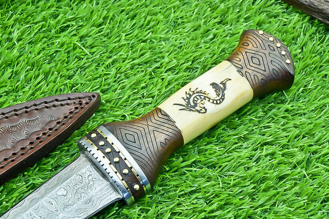 12" Handmade Damascus Steel Bowie Knife – Engraved Camel Bone & Wood Handle