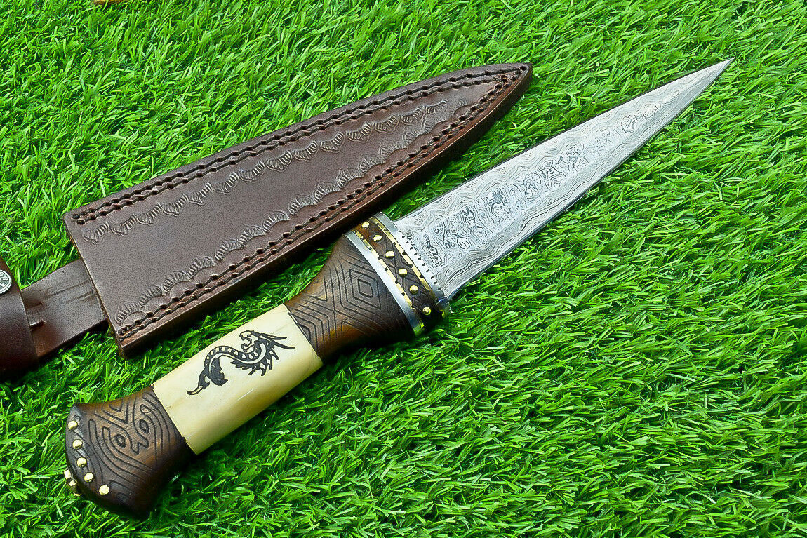 12" Handmade Damascus Steel Bowie Knife – Engraved Camel Bone & Wood Handle