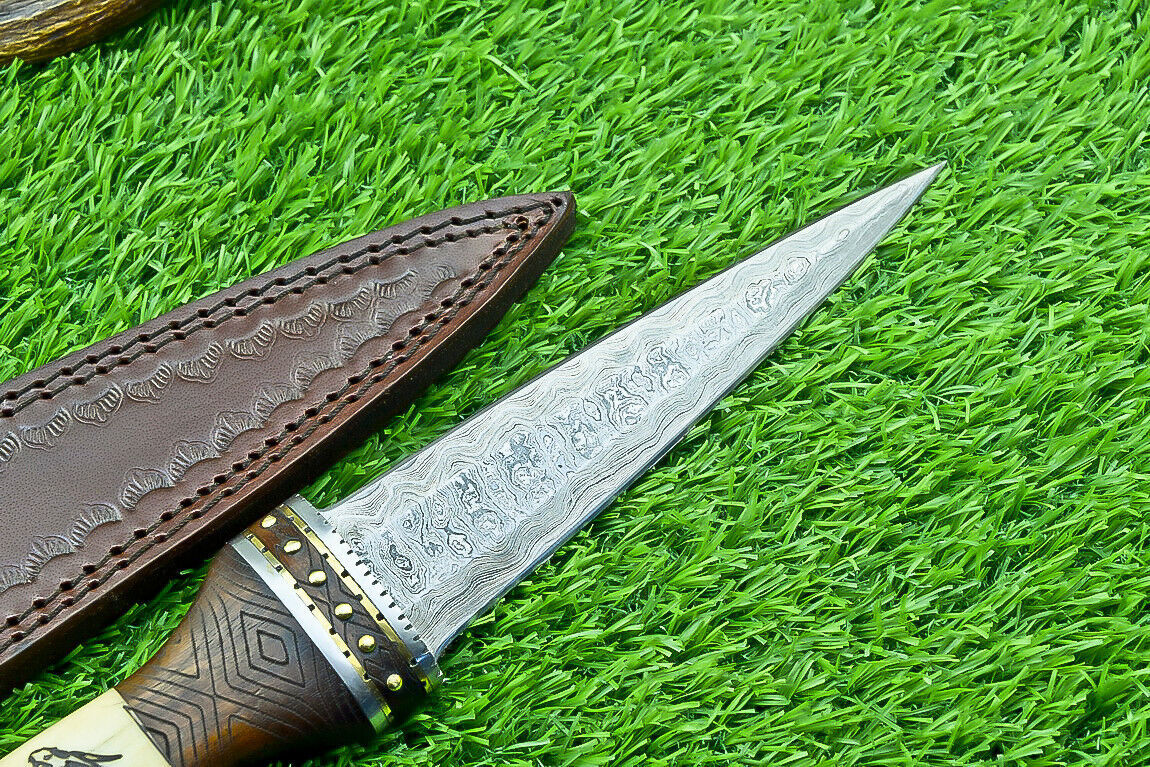 12" Handmade Damascus Steel Bowie Knife – Engraved Camel Bone & Wood Handle