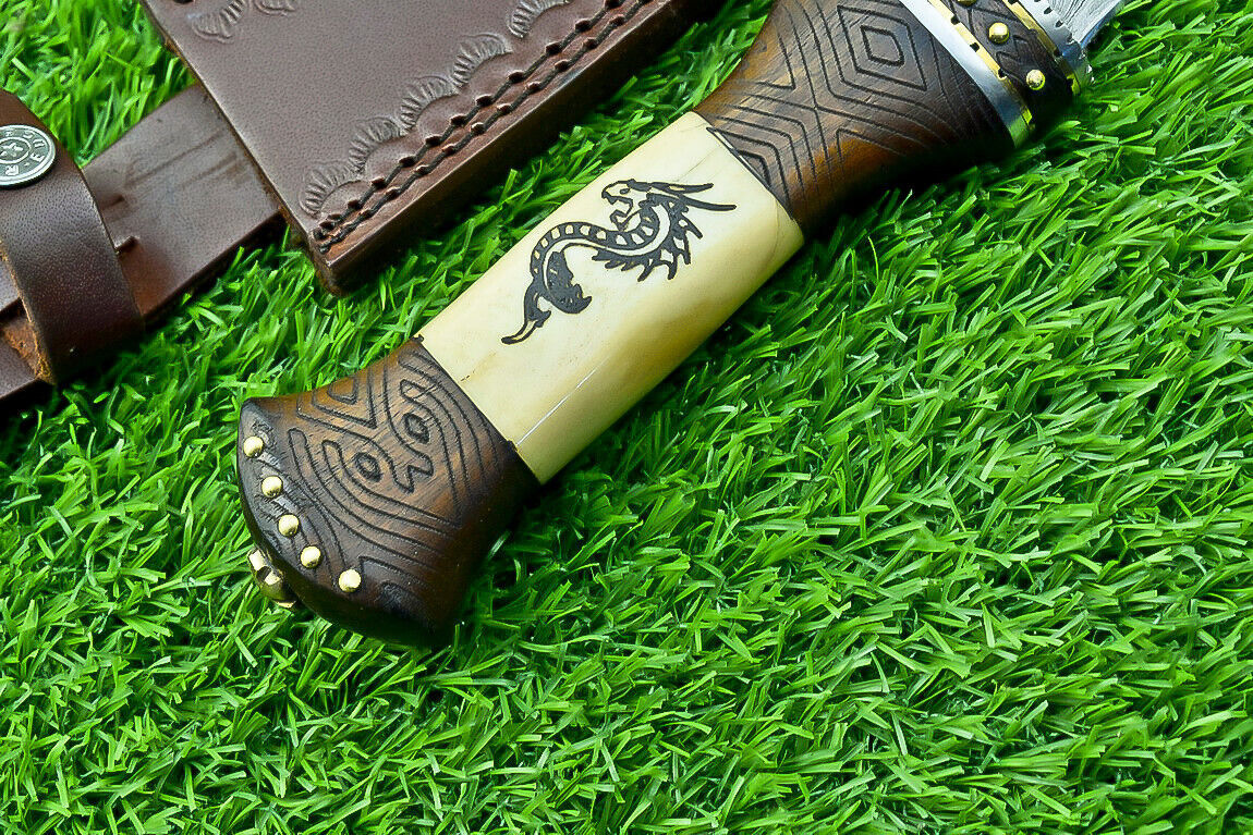 12" Handmade Damascus Steel Bowie Knife – Engraved Camel Bone & Wood Handle