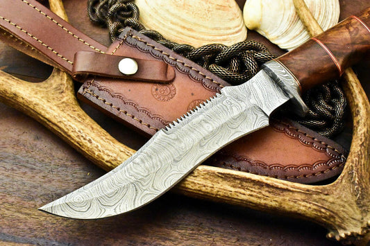 12.5" Handmade Damascus Bowie Knife – Walnut Wood Handle & Custom Leather Sheath