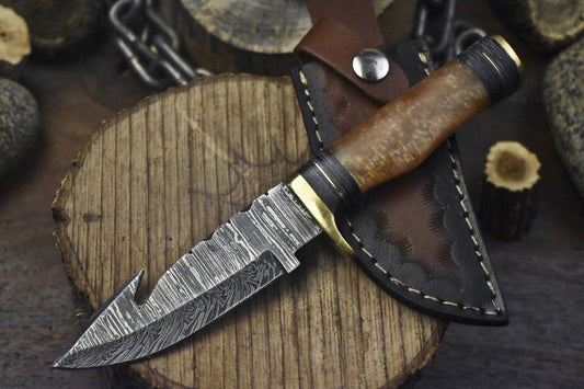 Custom Forged Damascus Skinner Knife with Gut Hook Micarta Handle Twist Blade