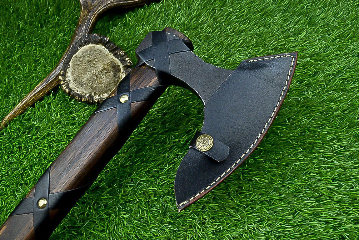 Authentic Handmade Carbon Steel Viking Axe with Leather Wrapped Wood Handle and Leather Sheath
