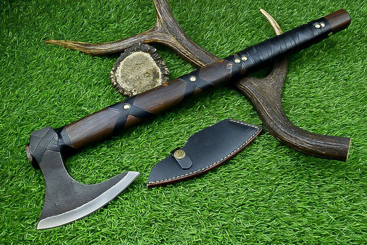 Authentic Handmade Carbon Steel Viking Axe with Leather Wrapped Wood Handle and Leather Sheath