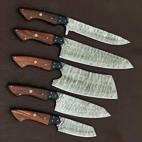 5PCS Handmade Damascus Steel Kitchen Knife Set w/ Leather Bag | Heritage Forge Chef Bowie Knives
