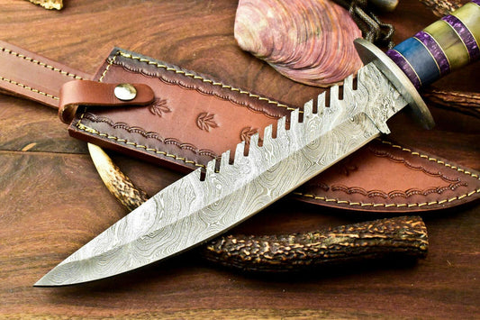 15" Handmade Damascus Steel Bowie Hunting Knife – Stained Camel Bone Handle