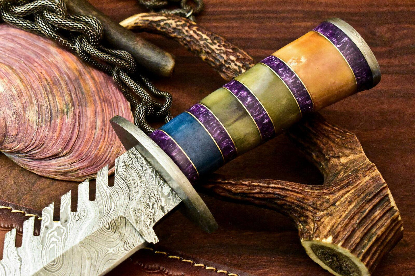 15" Handmade Damascus Steel Bowie Hunting Knife – Stained Camel Bone Handle