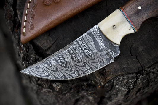 8.0 in Twist Damascus Skinner Knife Walnut Wood Handmade EDC Veterans Gift