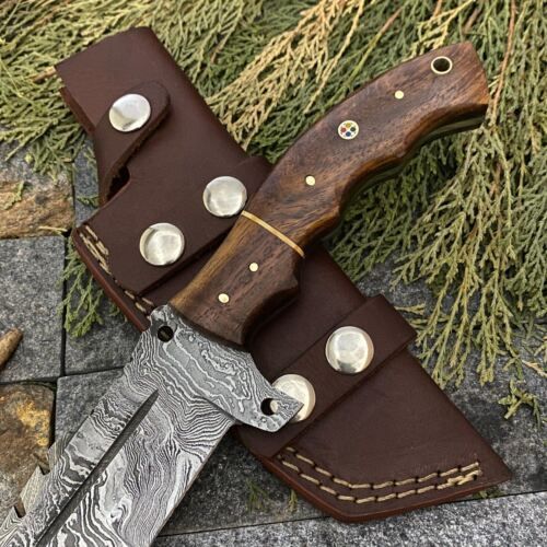 Hand Forged Damascus Steel Camping Tracker Hunting Knife with Rosewood Handle & Sheath