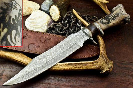 15.5" Damascus Laser Etched Bowie Knife – Camel Bone Sub-Hilt with Leather Sheath