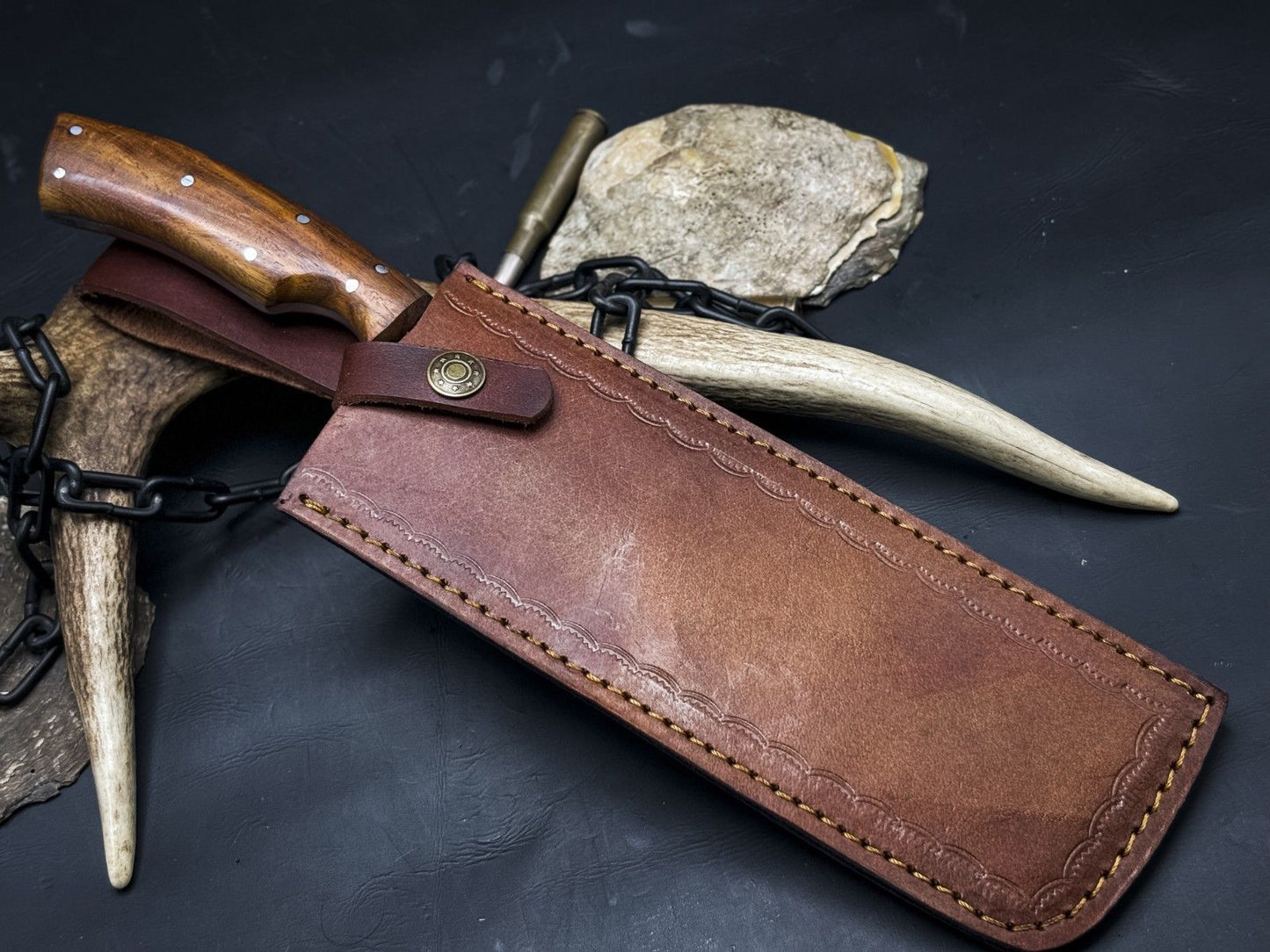 Handmade Damascus Steel Chef Cleaver EDC Knife – Wood Handle with Cowhide Leather Sheath