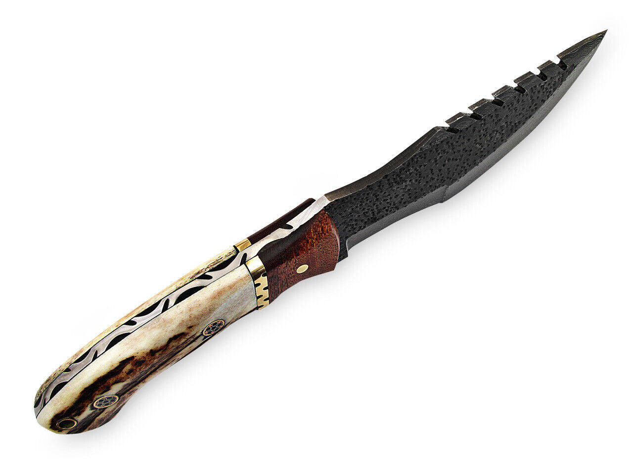 Stag Handle Handmade Damascus Tracker Knife – 9.75" Full Tang Hunting & Camping Knife with Leather Sheath