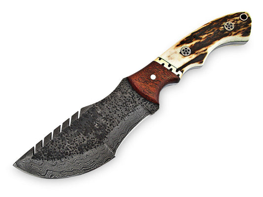 Stag Handle Handmade Damascus Tracker Knife – 9.75" Full Tang Hunting & Camping Knife with Leather Sheath