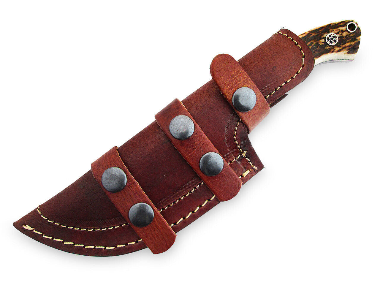 Stag Handle Handmade Damascus Tracker Knife – 9.75" Full Tang Hunting & Camping Knife with Leather Sheath