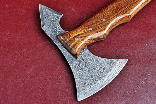 Handmade Damascus Steel Axe with Walnut Wood Handle and Raindrop Pattern Blade