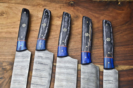 Custom Lot of 5 Handmade Hammered Damascus Steel Chef Knife Set – 384 Layer Real Damascus