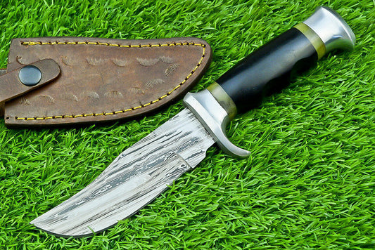 Damascus Bowie Knife with Bull Horn and Wood Handle for Hunting and Camping