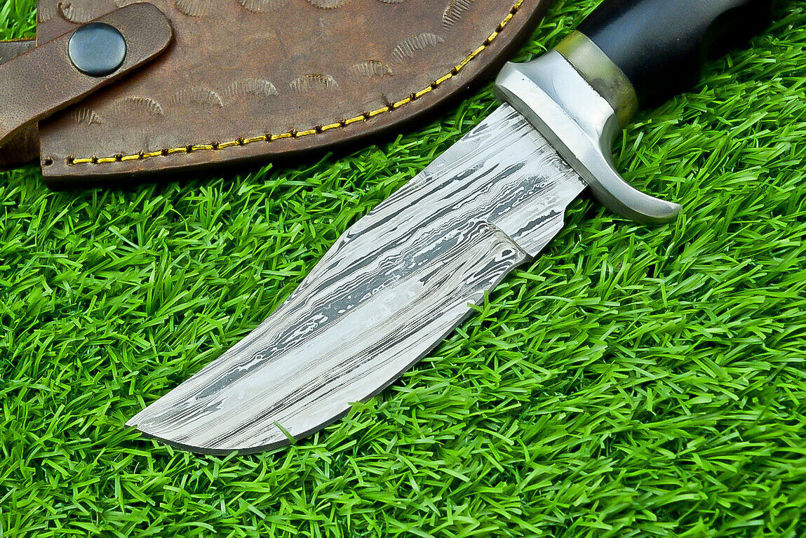 Damascus Bowie Knife with Bull Horn and Wood Handle for Hunting and Camping